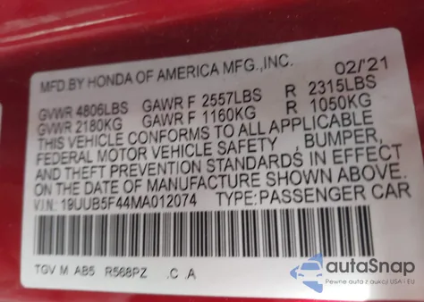 2021 Acura Tlx Technology Package из США, поврежденный, VIN 19UUB5F44MA012074